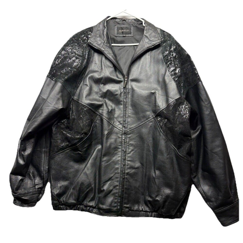 Vintage Damselle Women's Size XL Leather Black Bomber Jacket Floral Patchwork
